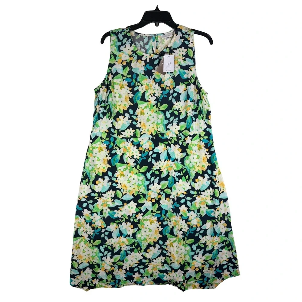 J. Jill Womens Medium Floral Sleeveless Shift Dress‎ Navy Blue Green LTSURFGRSF